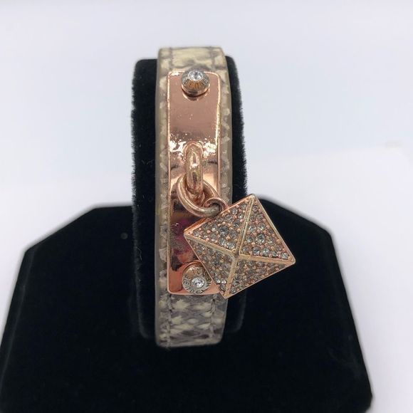 Henri Bendel Snakeskin Leather Rose Gold Adjustable Bracelet Rhinestone Pyramid - Picture 2 of 11